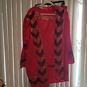 Elegant Red Skirt Set with Chevron Accents